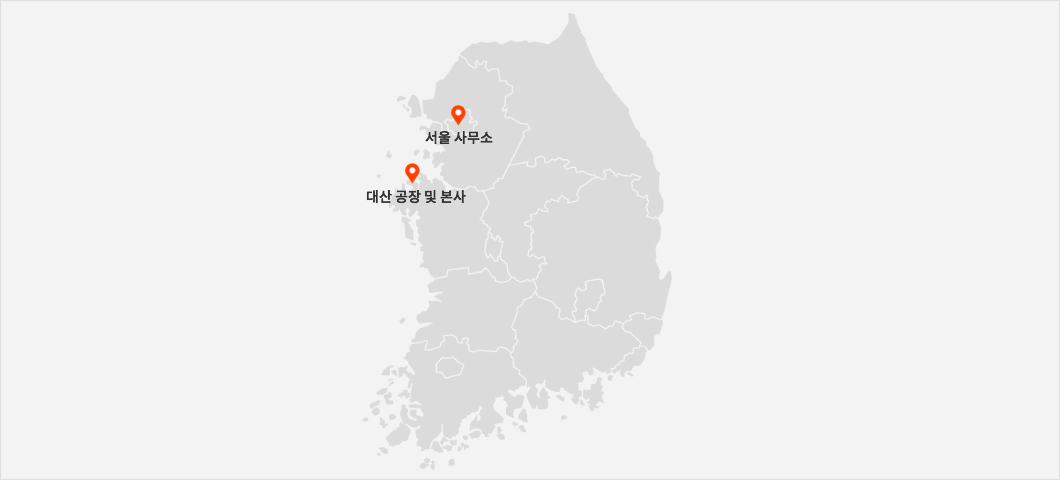국내 네트워크 지도 (서울 사무소, 대산, 공장 및 본사, 대구 지점, 중부 지점)