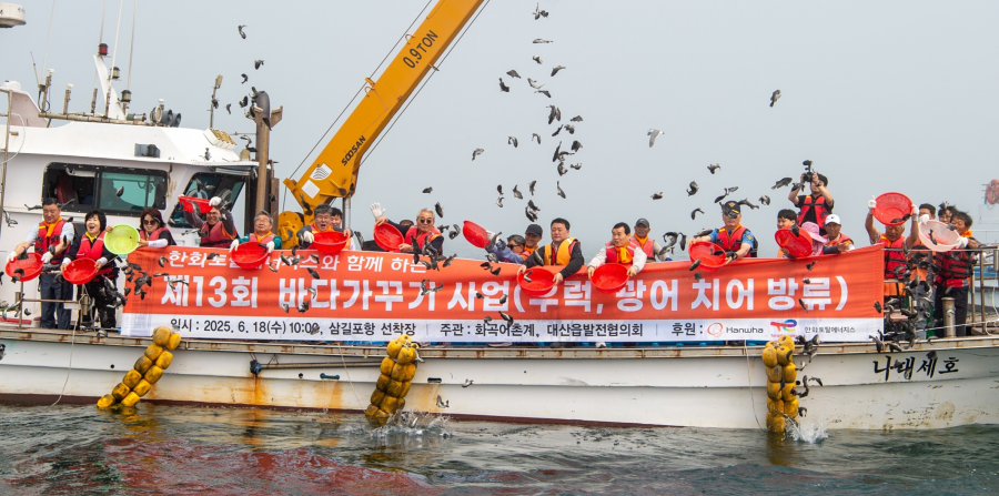 한화토탈에너지스 임직원들과 지역 주민들이 삼길포 앞바다에서 치어를 방류하는 모습